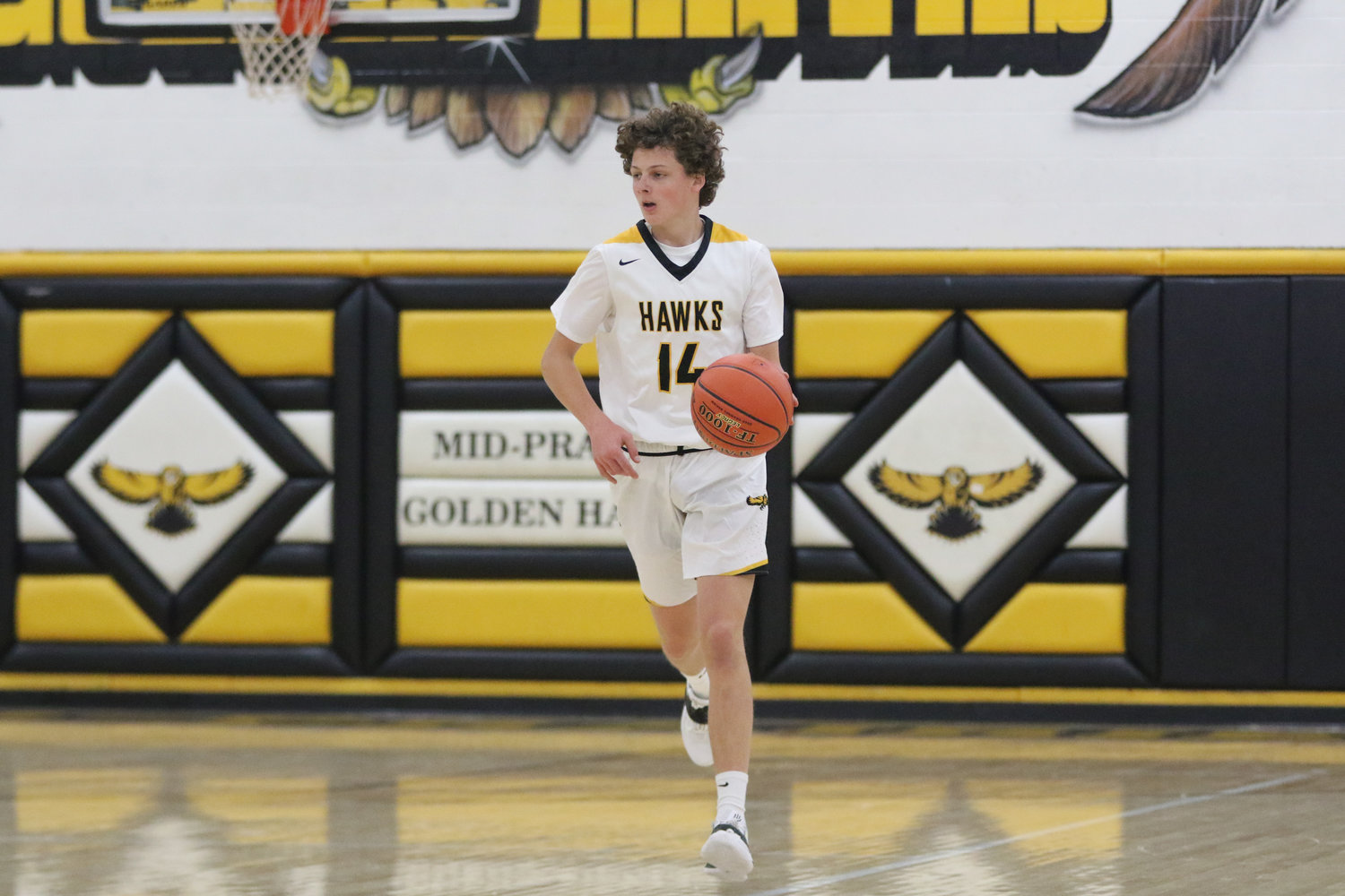 Jackson Pennington brings the ball up the court during the first quarter of a scrimmage with Mediapolis in Wellman on Saturday, November 21.