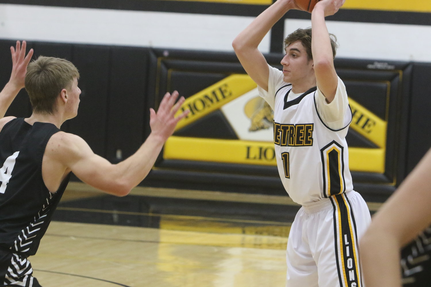 Adam Knock of Lone Tree looks to pass over Luke Schrock in Tuesday night's game against Hillcrest Academy.