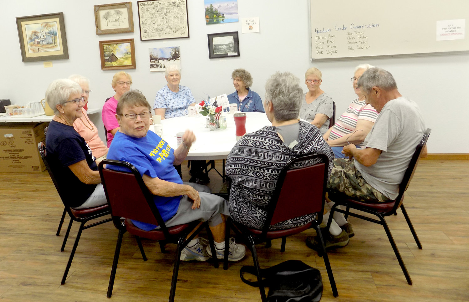 Morning coffee and conversation delight Wellman seniors at Goodwin Dining Center.