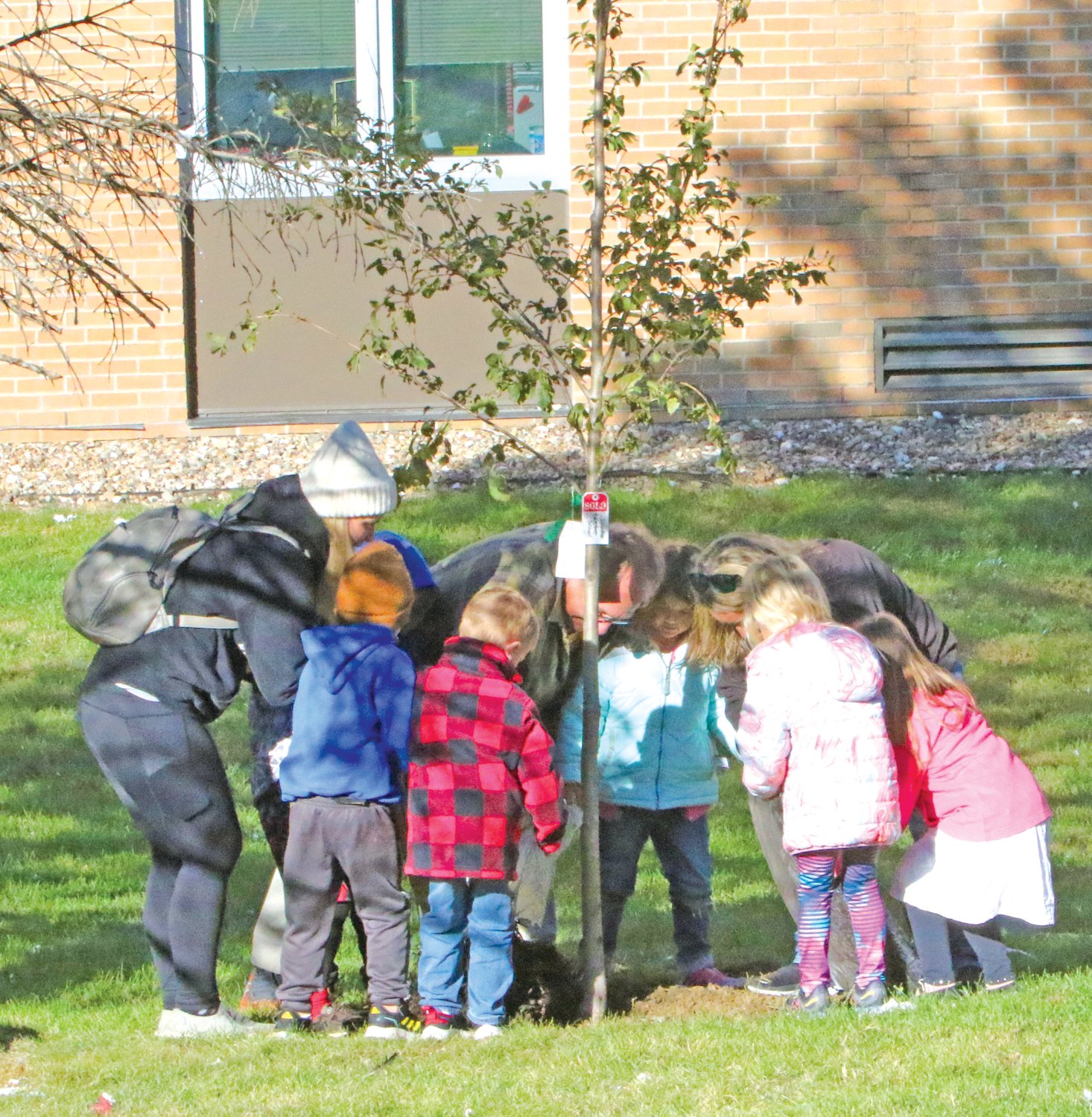 Lone Tree Elementary Students gather around a newly planted tree.