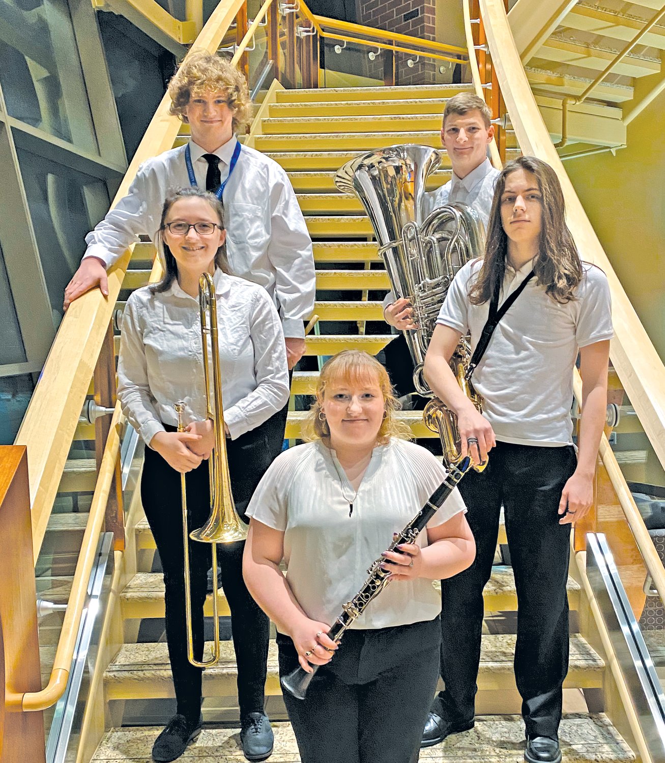 Highland band students Joshua Lauer, Gwen Piette, Ally Pokorny, Andrew Lana, and Ethan Krotz participated in the University of Dubuque High School Honor Band on Jan. 20.