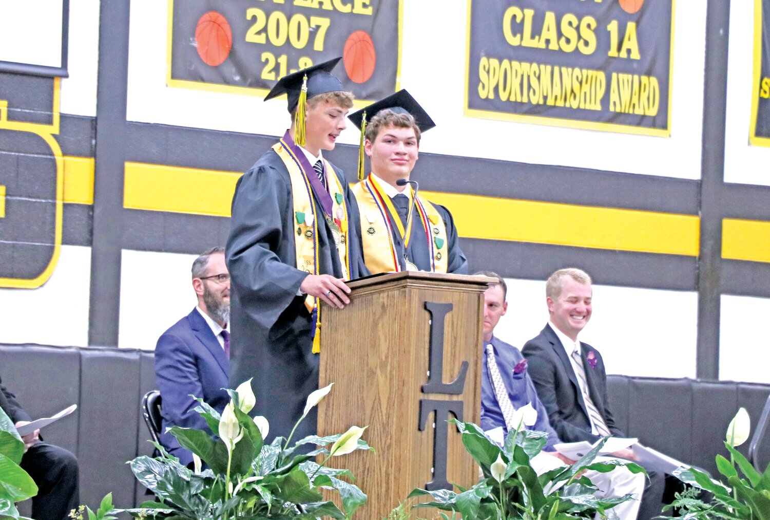 The students with the two highest GPA’s, Tyce Alt (left) and Andrew Hotz (right) give their co-speech to the class of 2023.