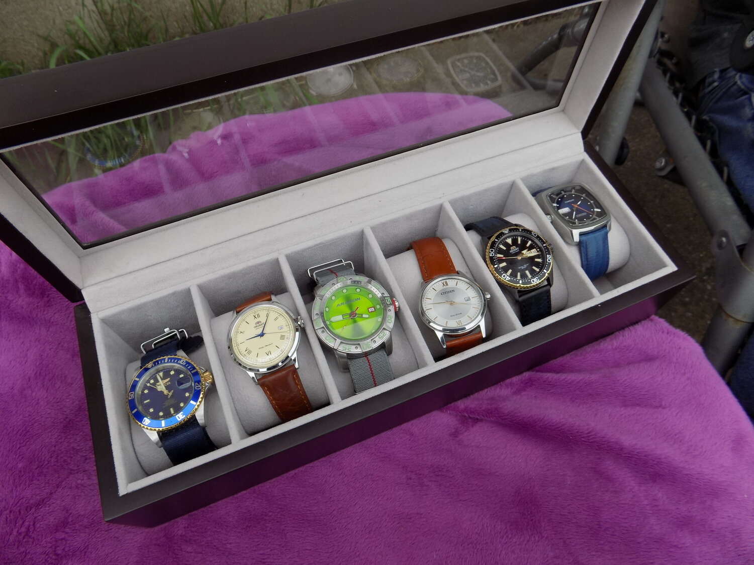 When purchasing a new watch, aesthetics are top priority for Mayeno.  Here, a few of his favorites in a display box gifted him by his sister (L-R): Invicta ProDiver Automatic, Orient Bambino III, Aragon Gauge 3G, Citizen Eco-Drive AW1236, Orient Kamasu Diver, and Seiko Recraft.