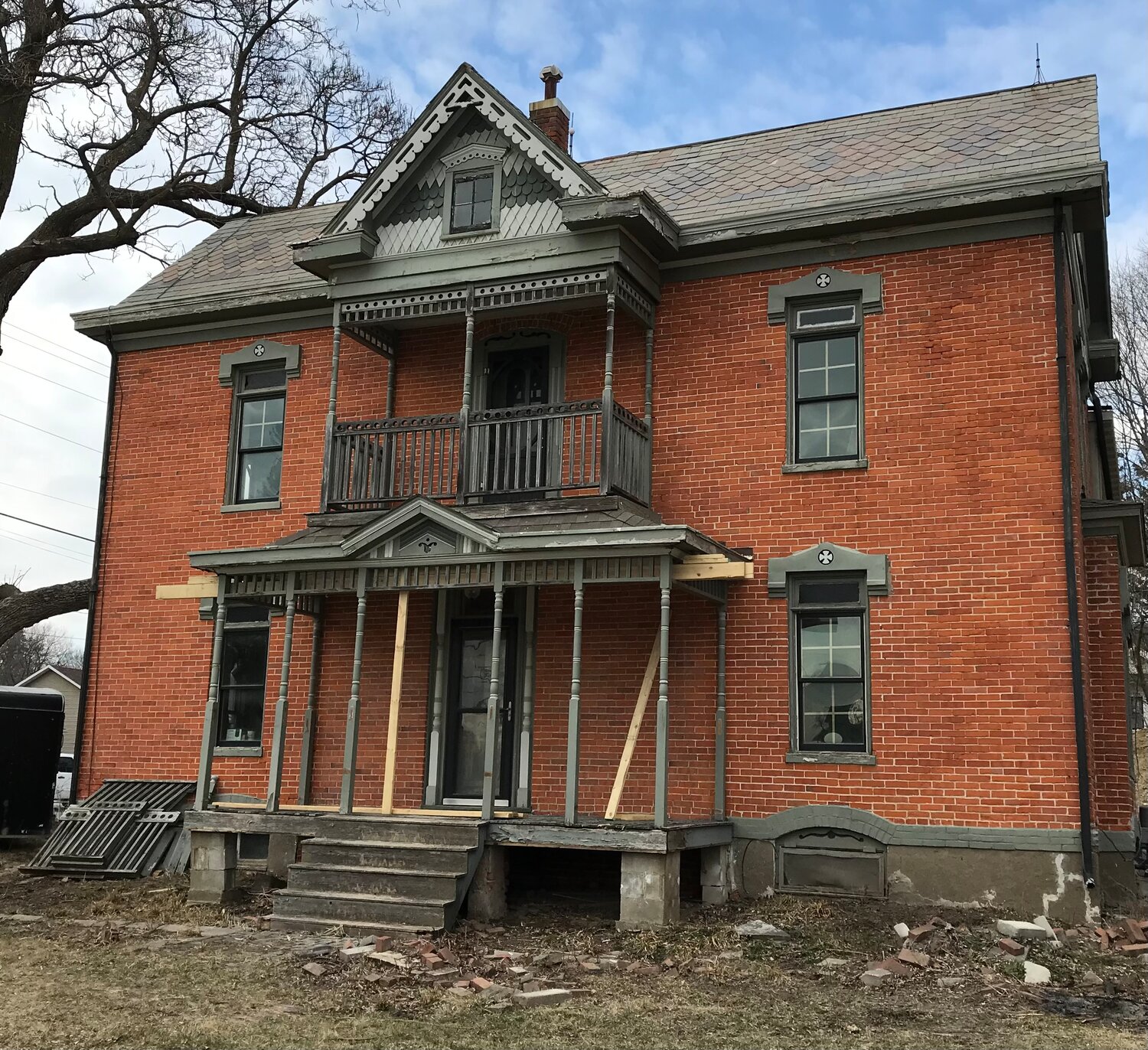 A view of the Swift House as you drive by on Highway 22 through Riverside.  The stairs are being replaced and restored and there is still work to finish on closing up the basement and under the front porch.